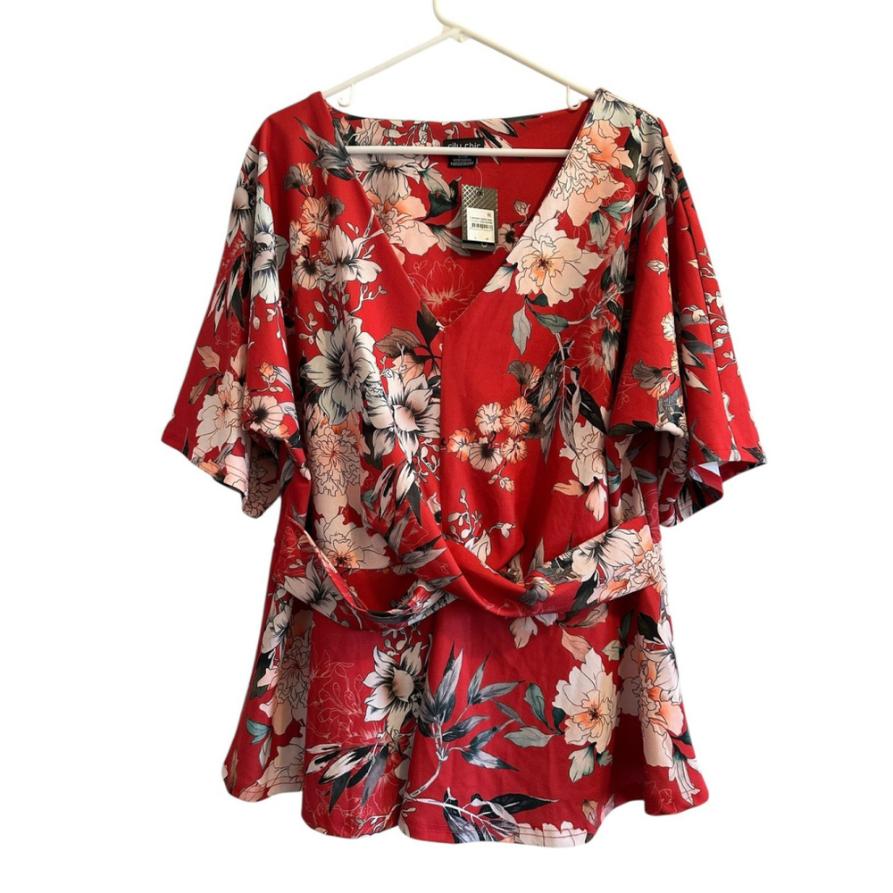 City Chic Floral Blouse Womens 20 Red W/ Flowers Flutter Sleeves V-Neck NWT